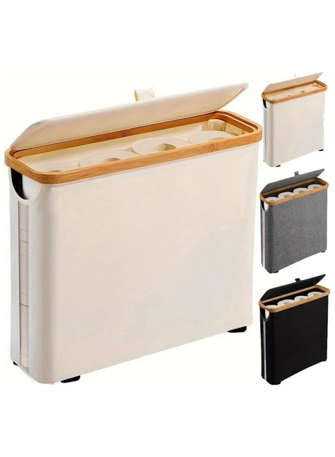 Beige Bamboo Toilet Paper Holder With Lid Dual Compartment Bathroom Organizer Storage Basket - Image 1